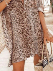 Leopard Print Long Sleeve Mini Shirt Dress