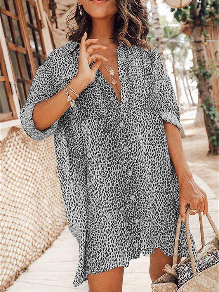 Leopard Print Long Sleeve Mini Shirt Dress