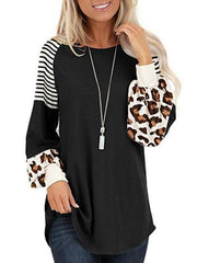 Leopard Print Striped Stitching T-shirt