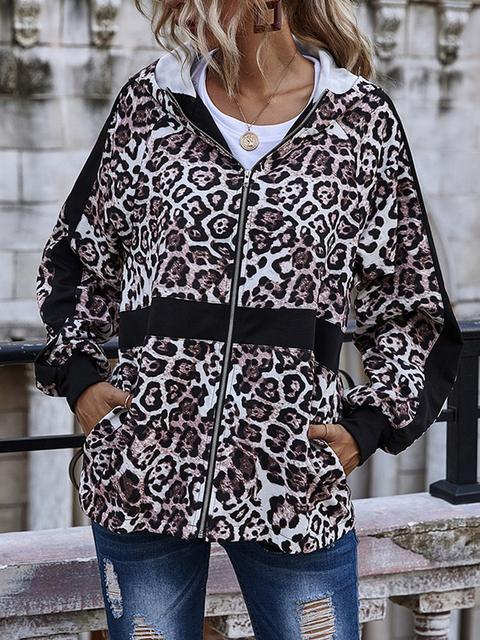 Leopard Print Zipper Hooded Coat