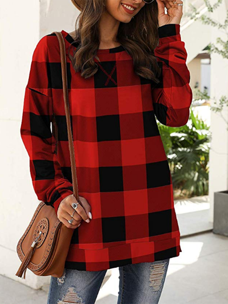 Long Sleeve Plaid Print Causal Tops