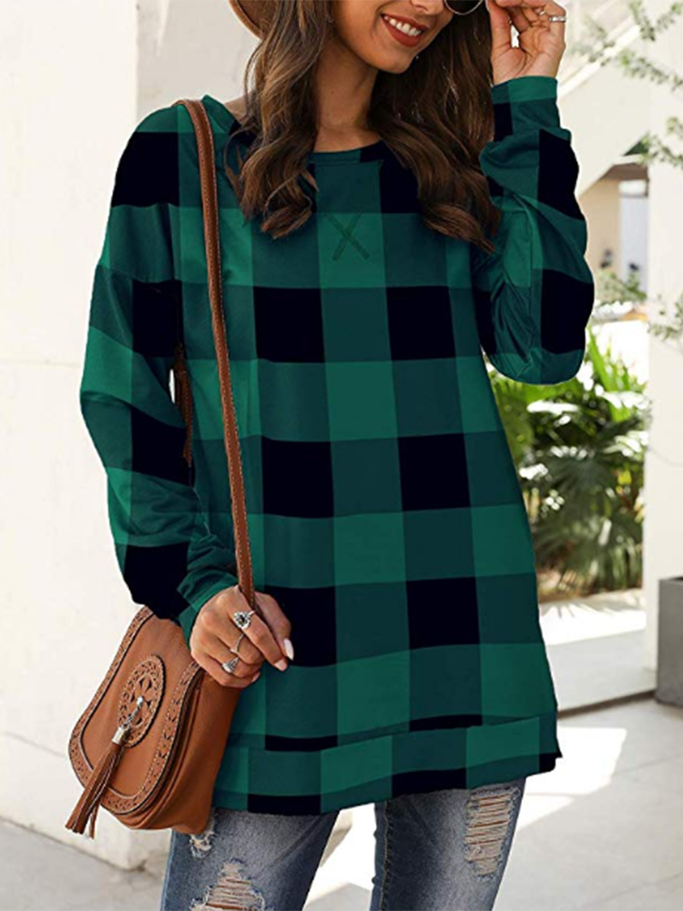 Long Sleeve Plaid Print Causal Tops