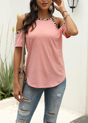 Cold Shoulder Leopard Patchwork Round Neck Short Sleeve T-shirt