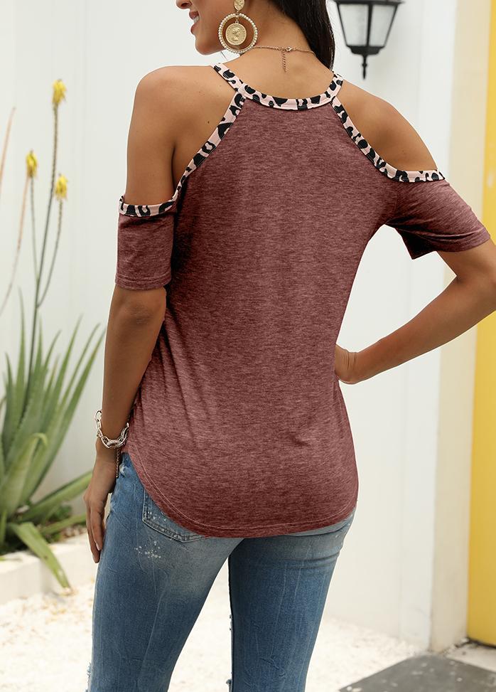 Cold Shoulder Leopard Patchwork Round Neck Short Sleeve T-shirt