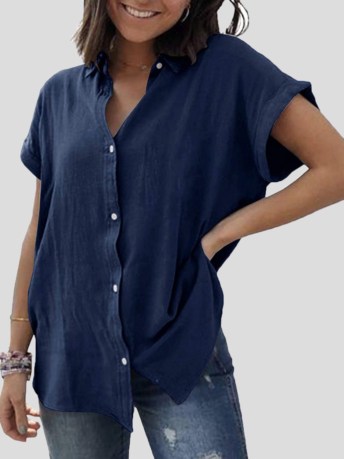 Women's Blouses Lapel Button Short Sleeve Blouse