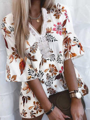 Women's Blouses Loose Print V-Neck Lace Blouse