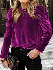 Women's Blouses Solid Velvet Bubble Long Sleeve Blouse