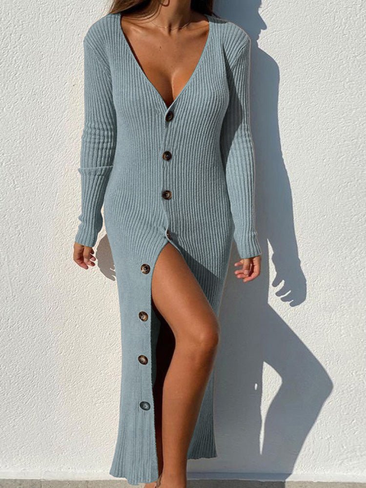 Women's Dresses Button Long Sleeve Slit Knit Dress