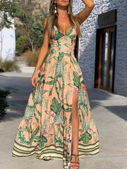 Women's Dresses Deep V-Neck Sling Leaf Print Slit Dress