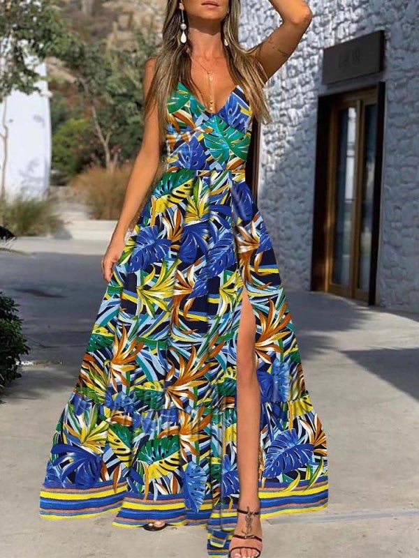 Women's Dresses Deep V-Neck Sling Leaf Print Slit Dress