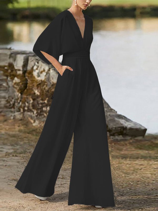 Women's Jumpsuits V-Neck High Waist Wide Leg Jumpsuit