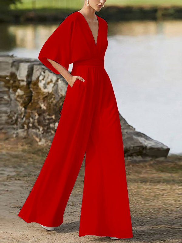 Women's Jumpsuits V-Neck High Waist Wide Leg Jumpsuit