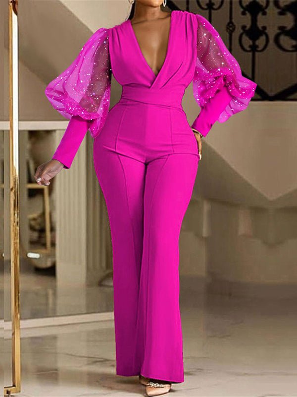 Women's Jumpsuits V-Neck Mesh Panel Long Sleeve Slim Jumpsuits